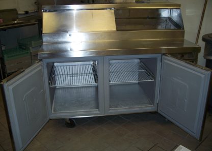 Prep Table, 2 Dr, 62x30 Pizza wrap rail, doors open